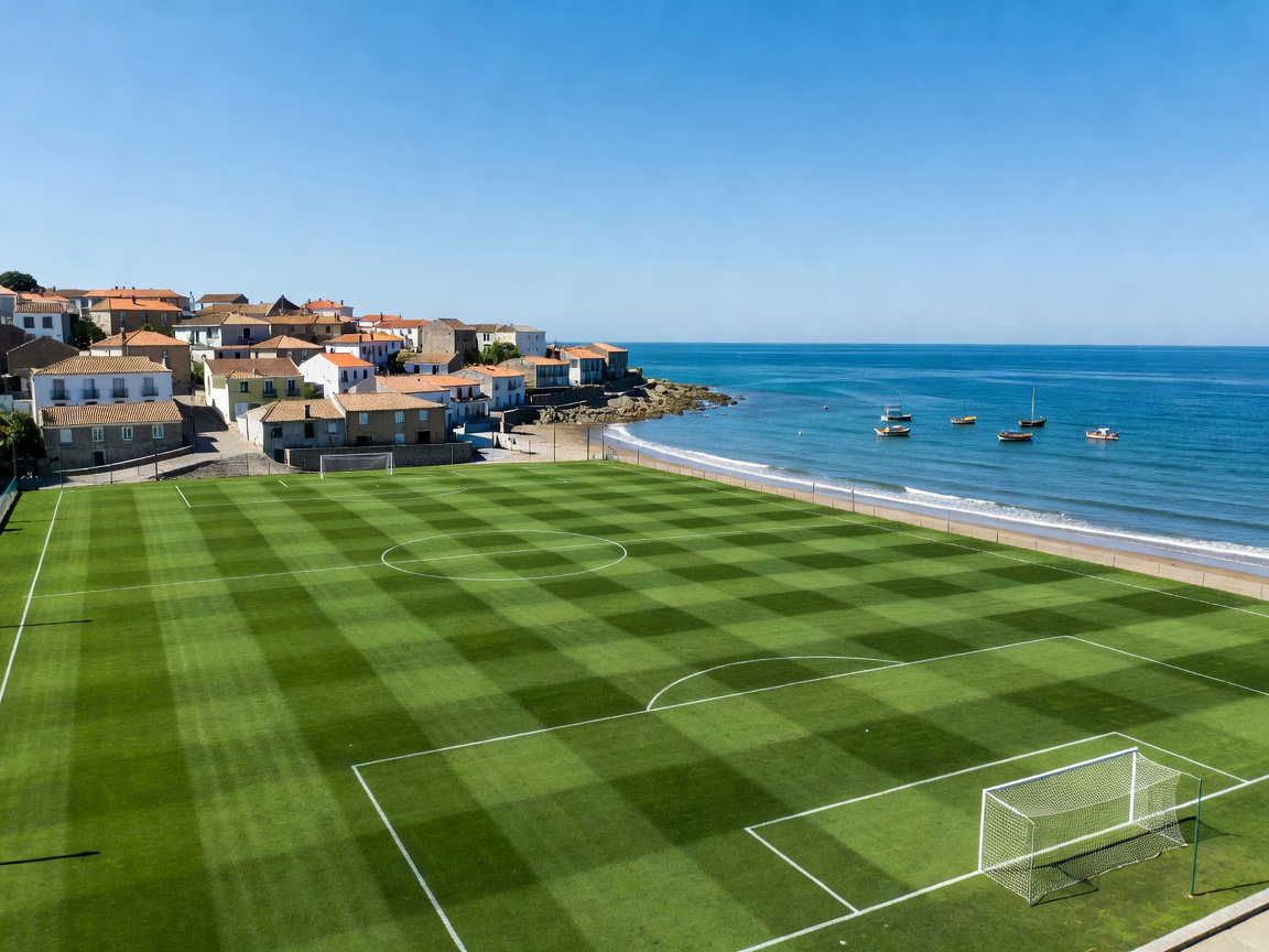 Football pitch beside a coastal town on a bright sunny day