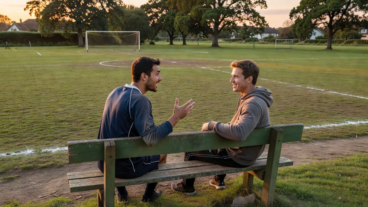 Two friends talking about football on a bench beside a grassroots pitch