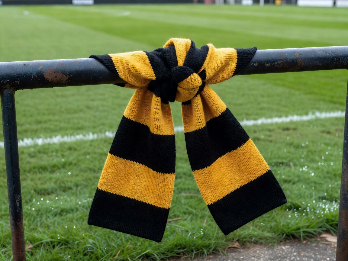 Gold and black football scarf tied to a railing beside a pitch