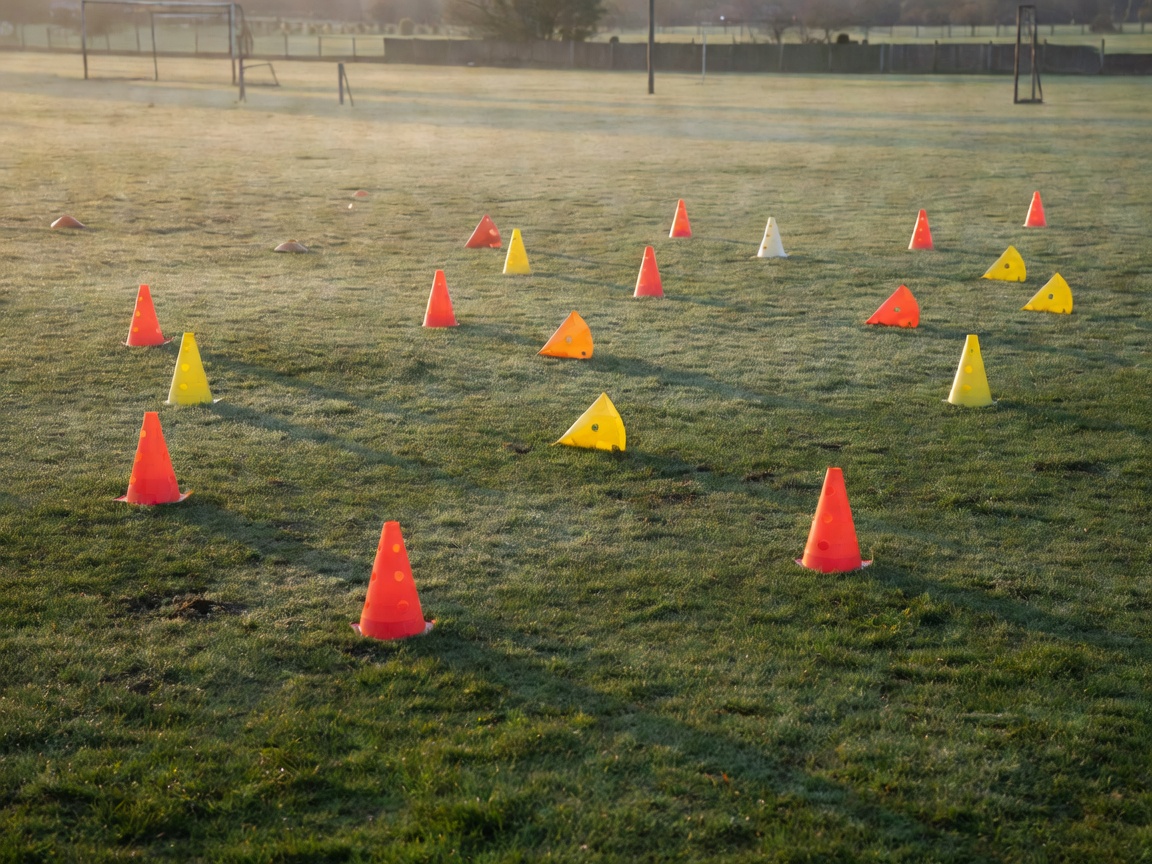 Training cones laid out on a grassroots football pitch in morning light