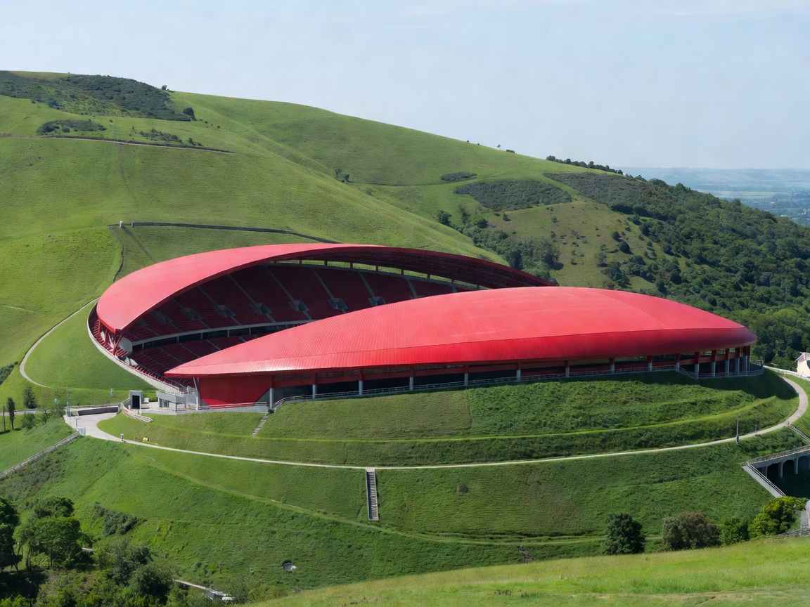 Stadium with a red roof set on a green hillside in natural light