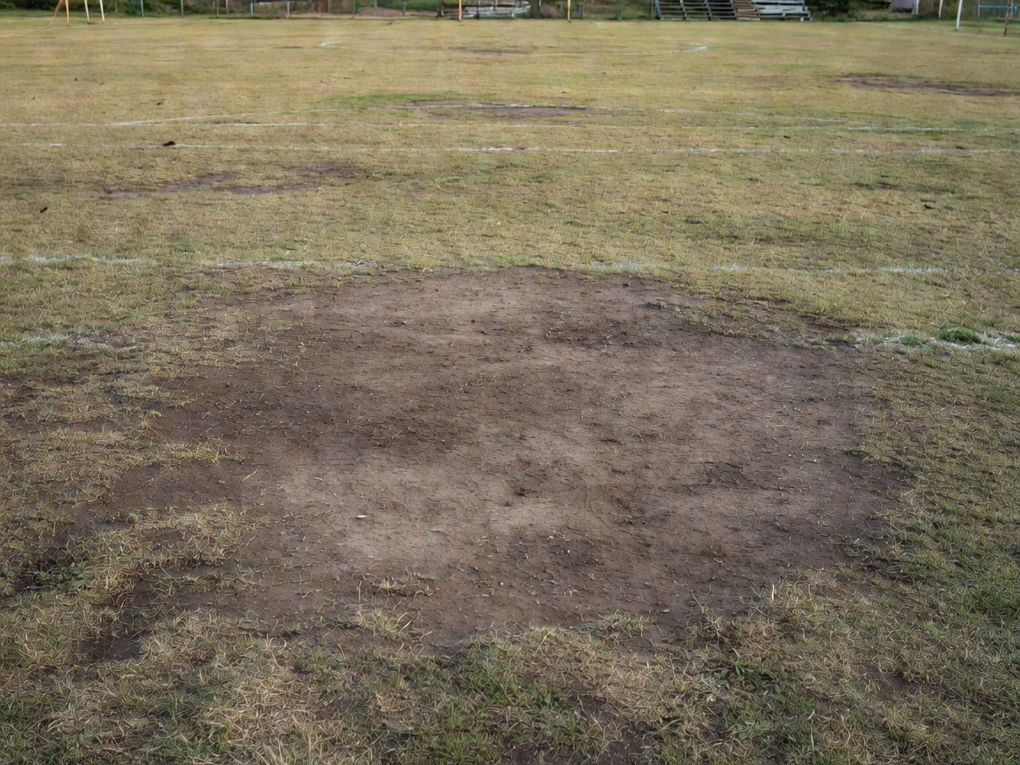 Worn patch of grass in the middle of an old football pitch