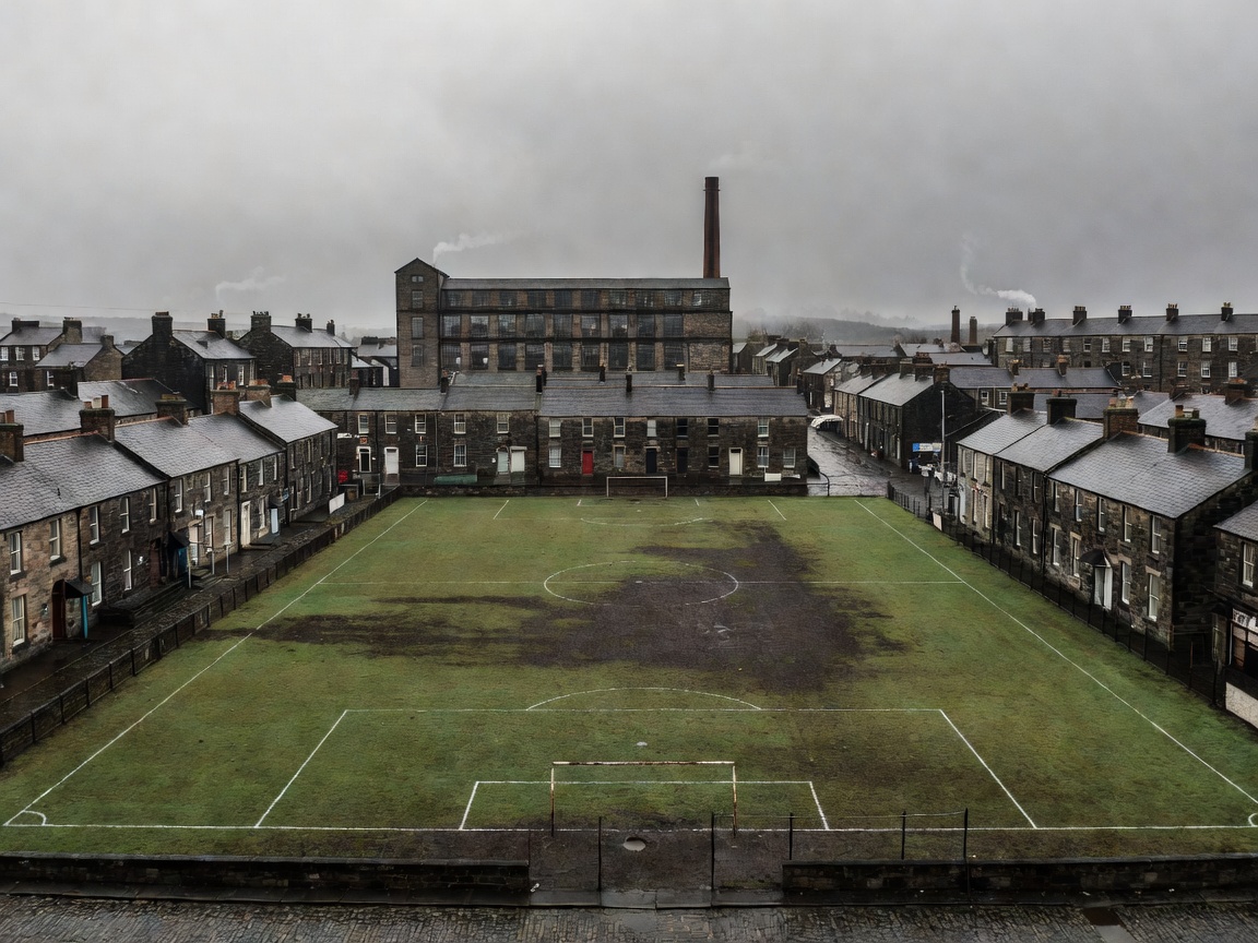 Football ground surrounded by terraced houses in a northern mill town