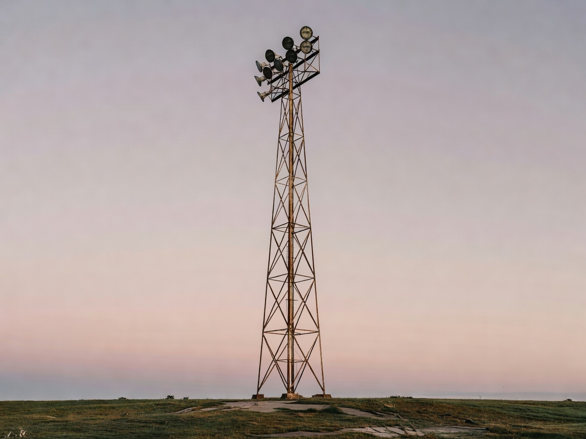 Old football floodlight pylon standing against a pale evening sky