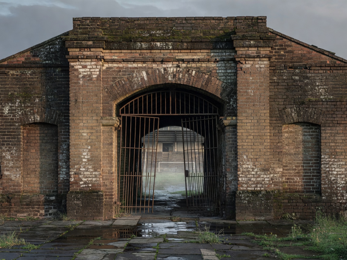 Weathered brick entrance gate of an old football ground
