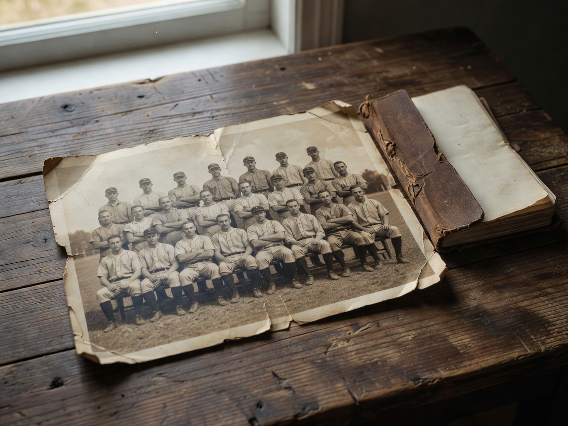 Faded black and white team photograph lying on a wooden table beside a notebook