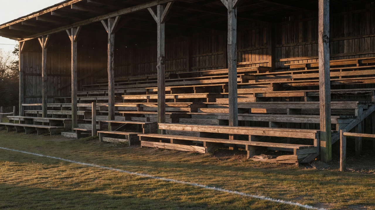Old wooden football grandstand lit by low natural sunlight