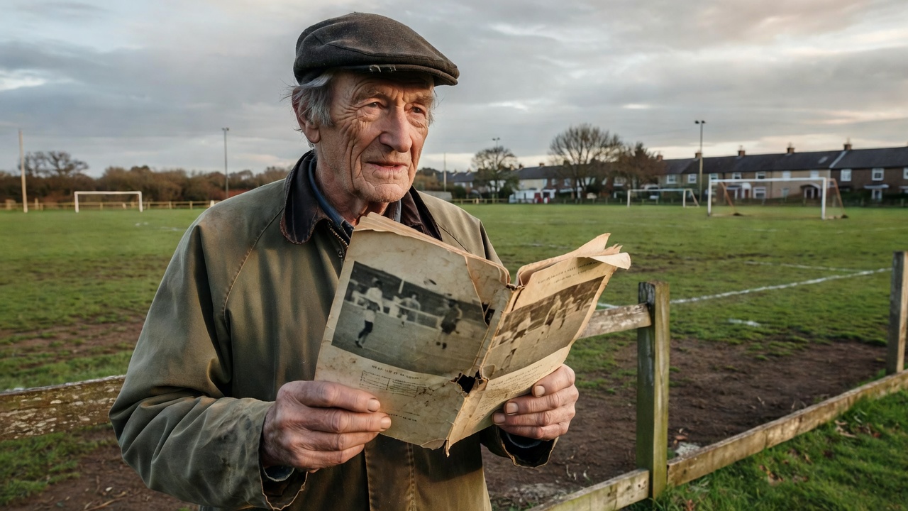 Older man holding a worn football match programme near a community ground
