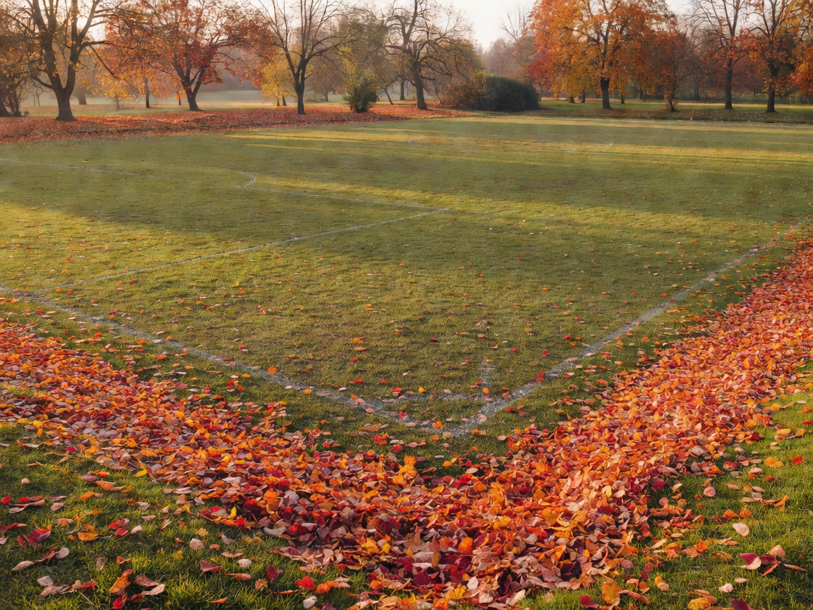 Park football pitch edged with autumn leaves in soft light