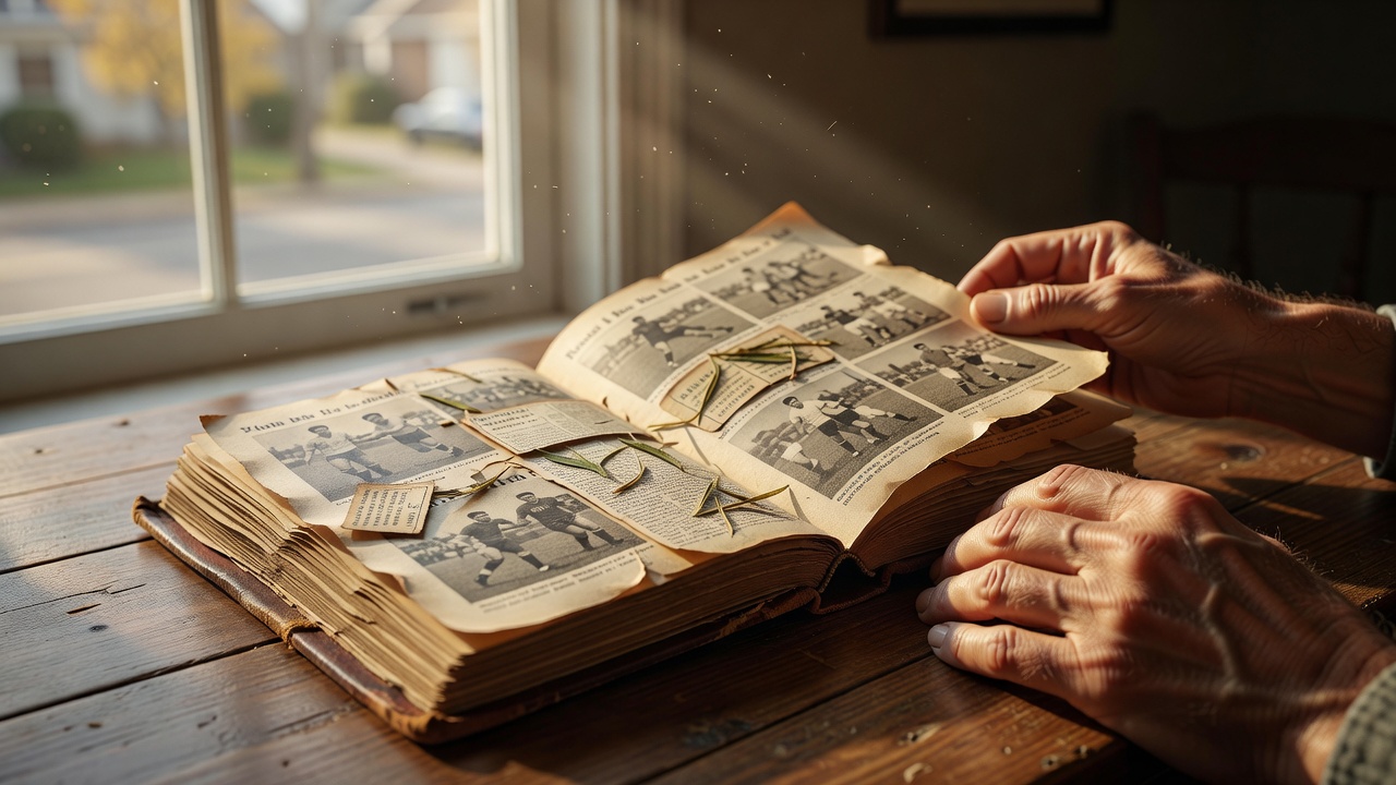 Hands turning the pages of an old football scrapbook beside a sunlit window
