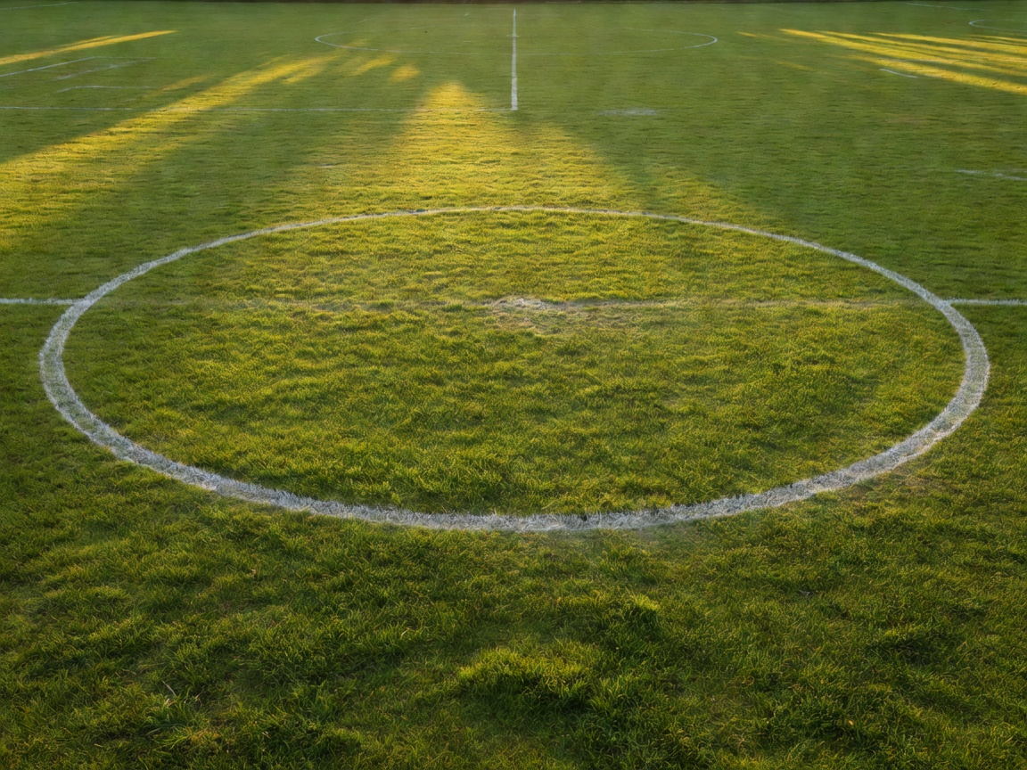 Sunlit centre circle on a grass football pitch with faded white lines
