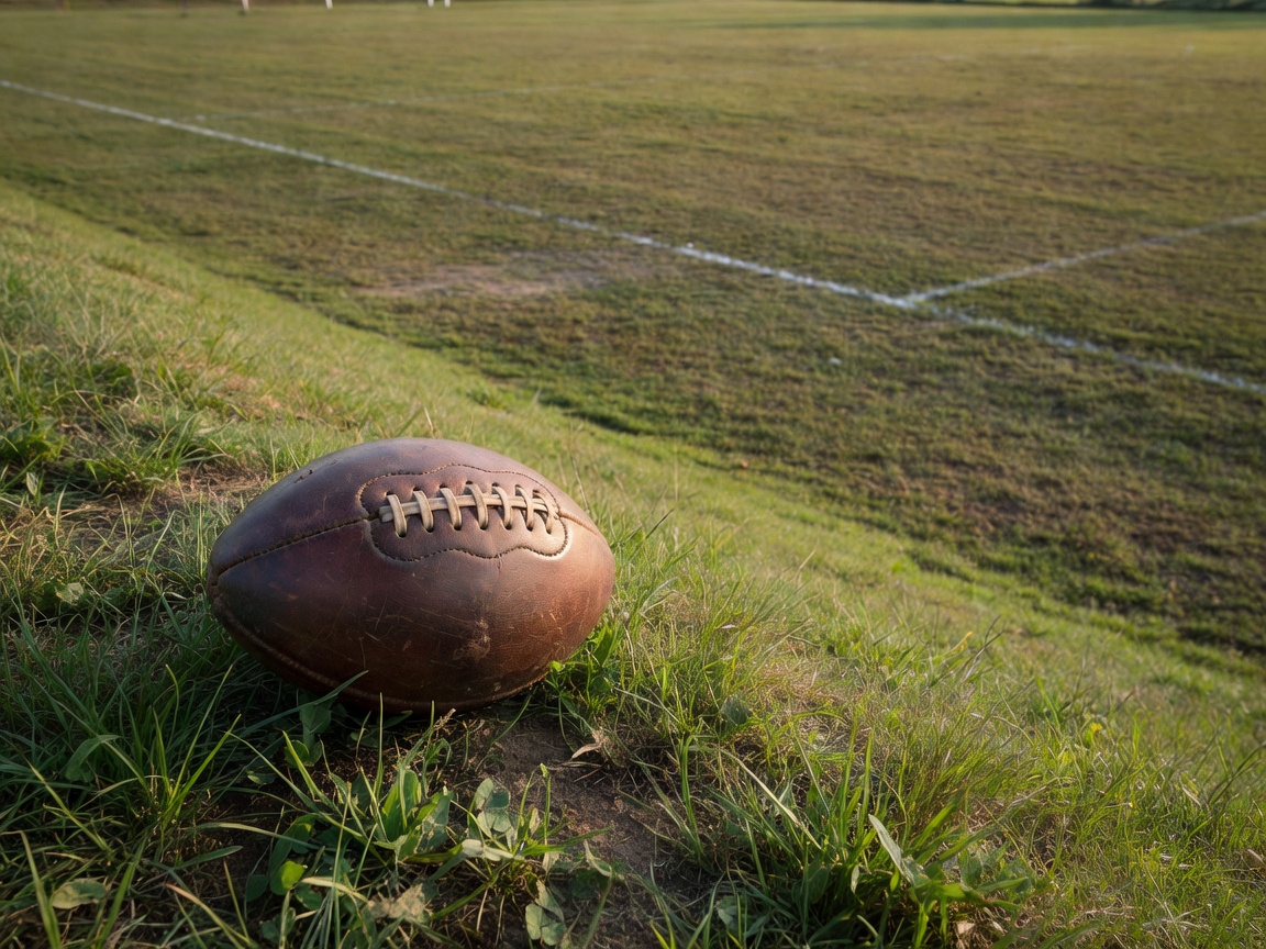 Old laced leather football lying on a grassy bank beside a pitch