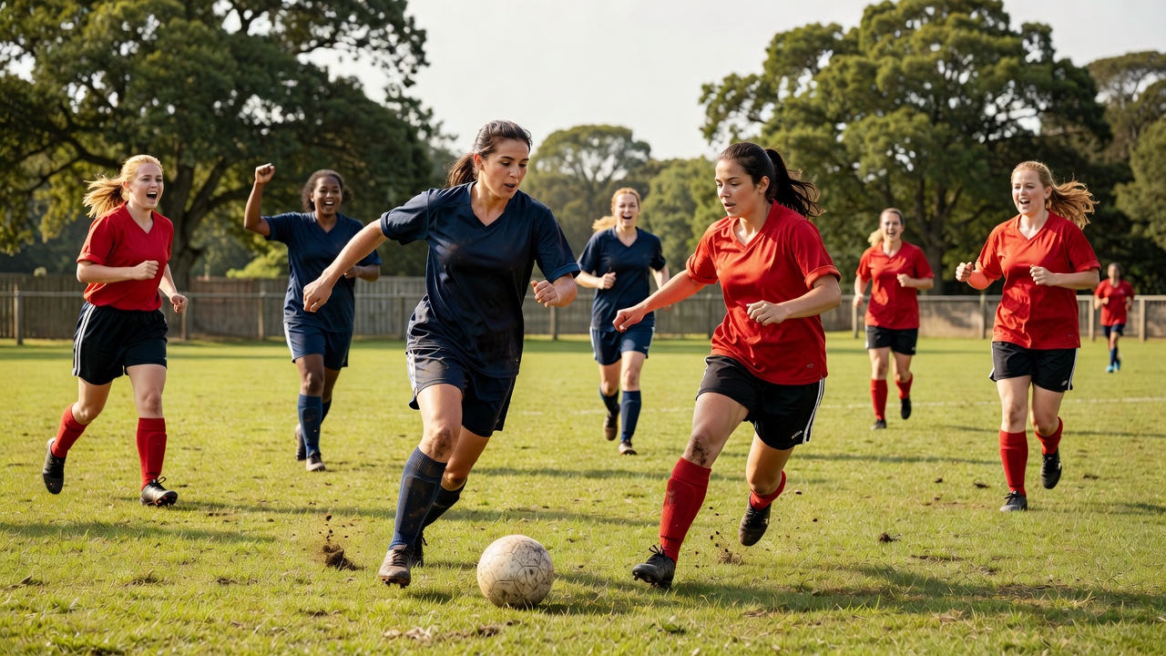 Women playing a friendly football match on a community pitch in natural daylight